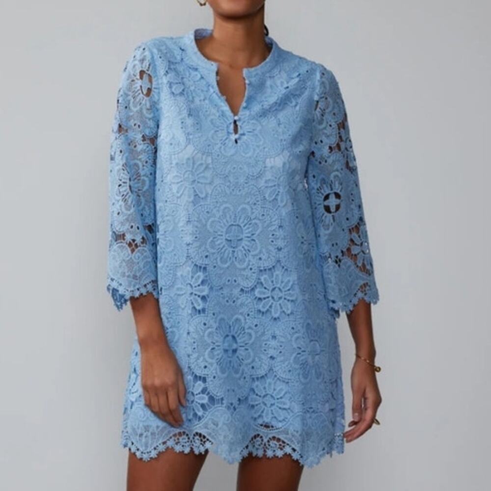 New York & Company Long Sleeve Blue Floral Lace Shift Dress Size Large